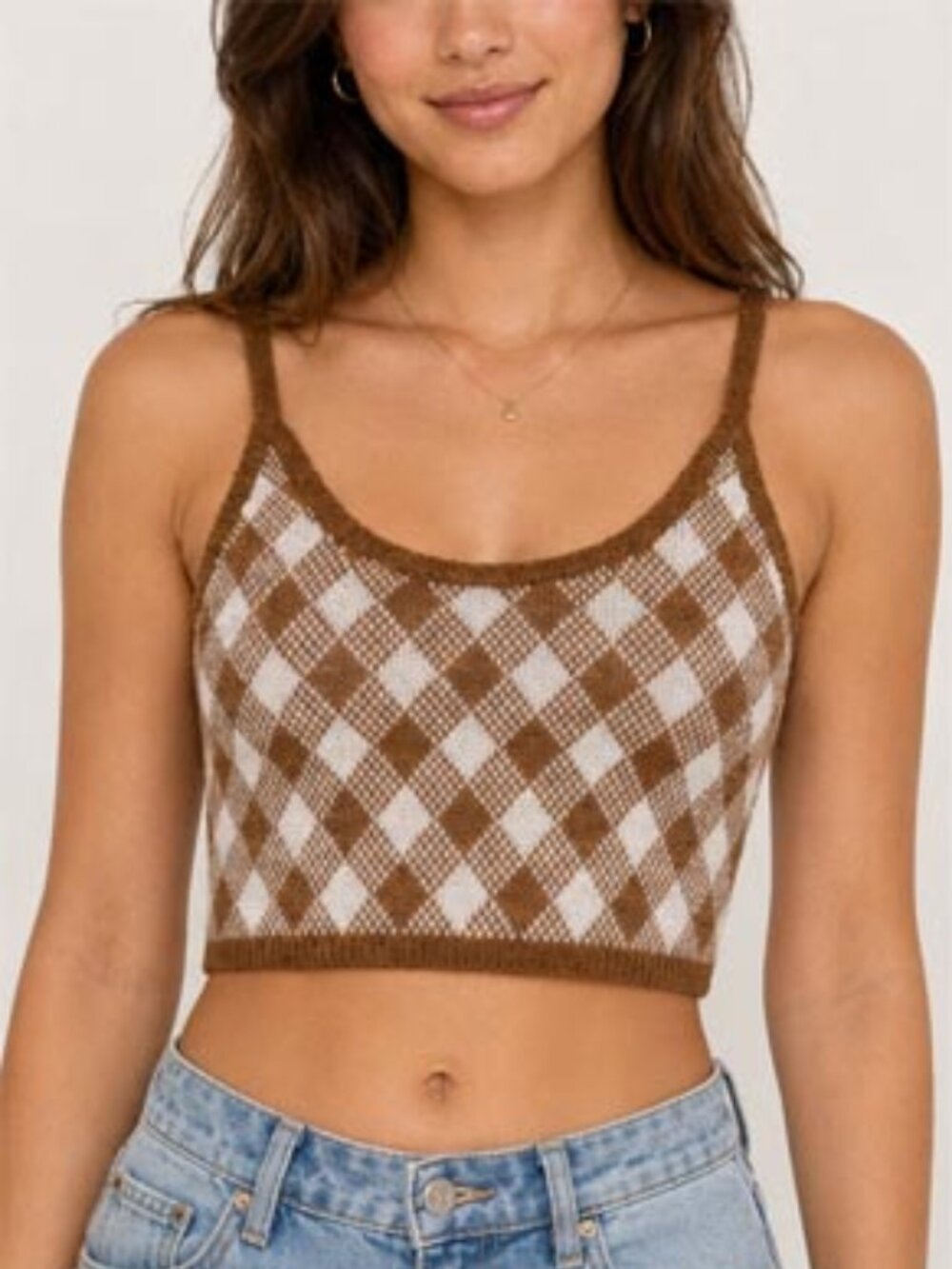 Women’s Brown & Cream Argyle Knit Crop Tank Top | Sleeveless Sweater Cami